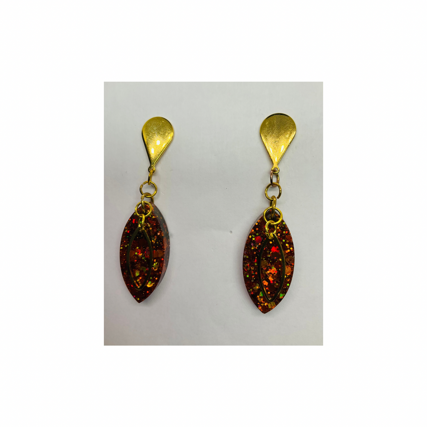Gold Sparkle Stud Dangle Earrings - Handmade Gold Resin Teardrop with Chunky Glitter & Embellishment