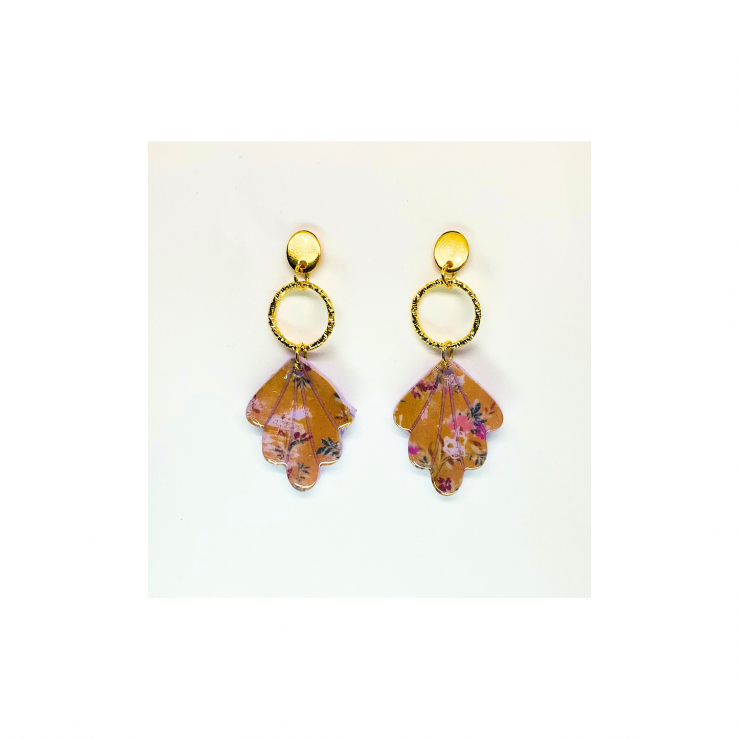 Purple and Beige Dangle with Gold Circle Stud Earrings