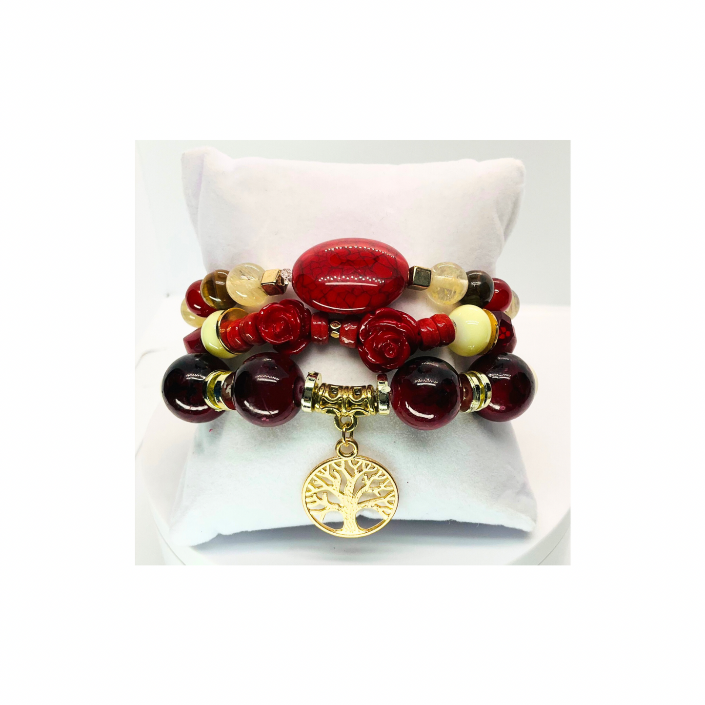 Red and Gold Set of Three Stretch Beaded Bracelets 7-inch Versatile Accessory for Everyday Wear or Special Occasions