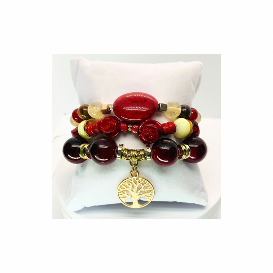 Red and Gold Set of Three Stretch Beaded Bracelets 7-inch Versatile Accessory for Everyday Wear or Special Occasions