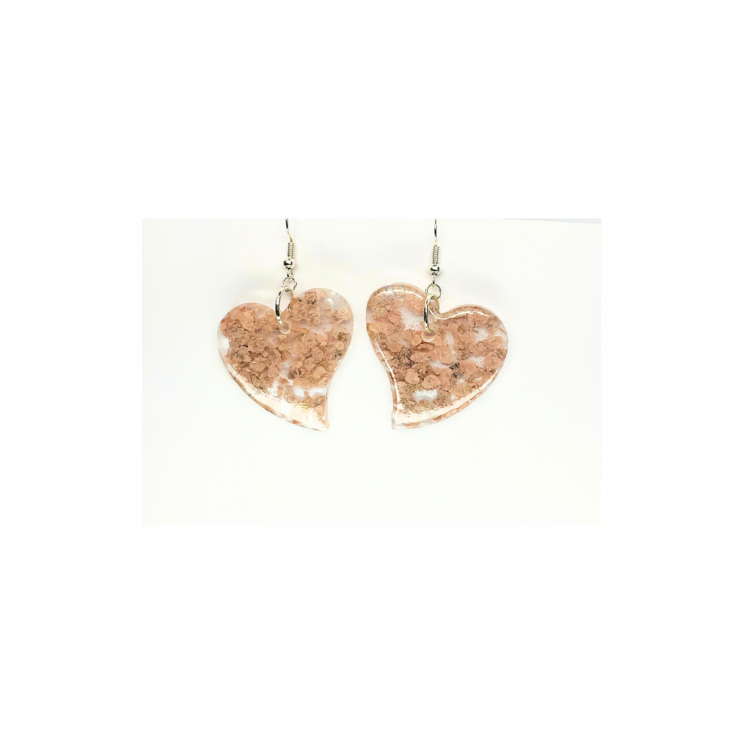 Handmade Light Pink Heart Earrings Clear Resin & Flakes Dangle Style Silver Hook Unique Handcrafted Jewelry