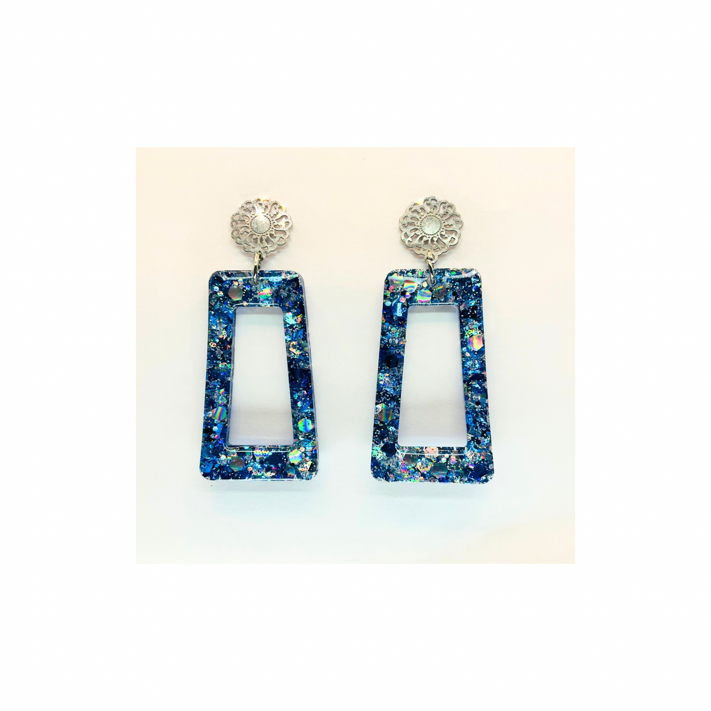 Blue Sparkle Drop with Filigree Stud Dangle Earrings