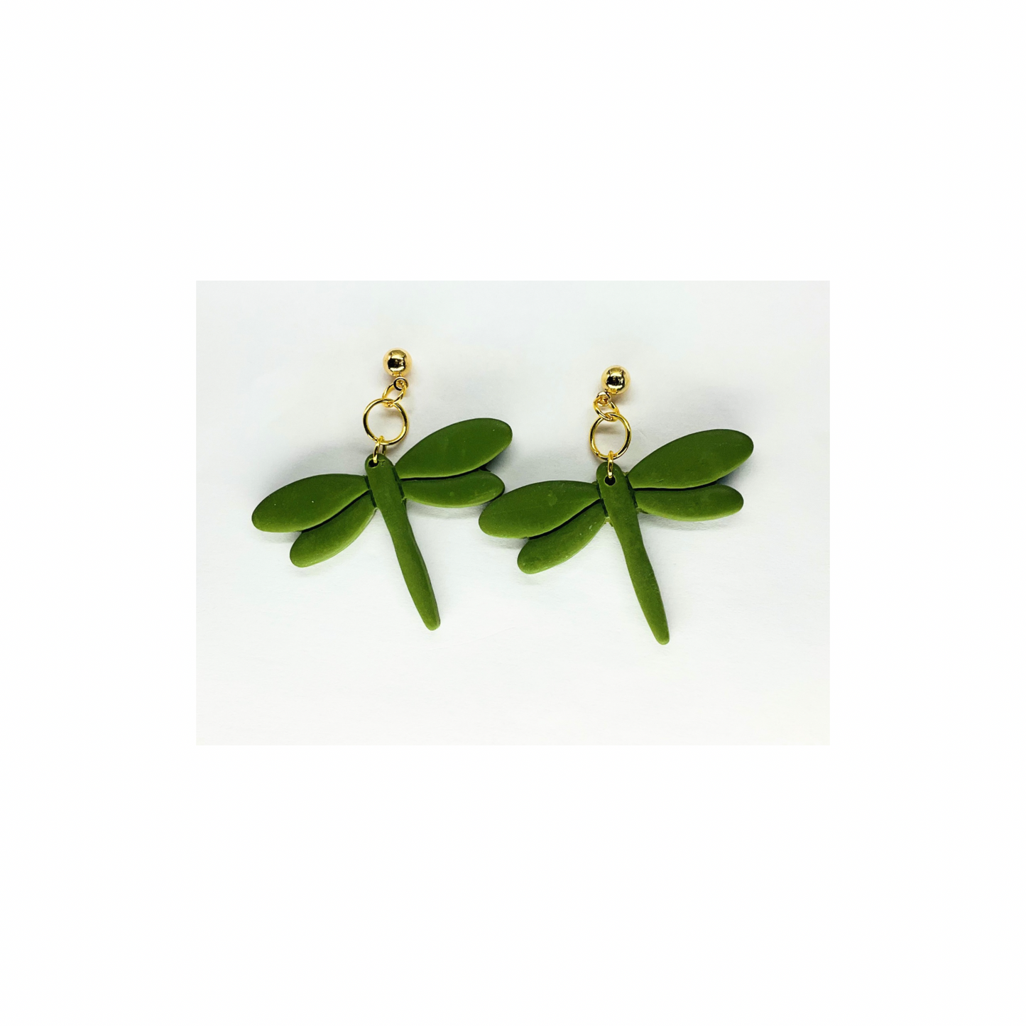 Olive Green Dragonfly Dangle with Gold Ball Stud Earrings-Crafting By BB