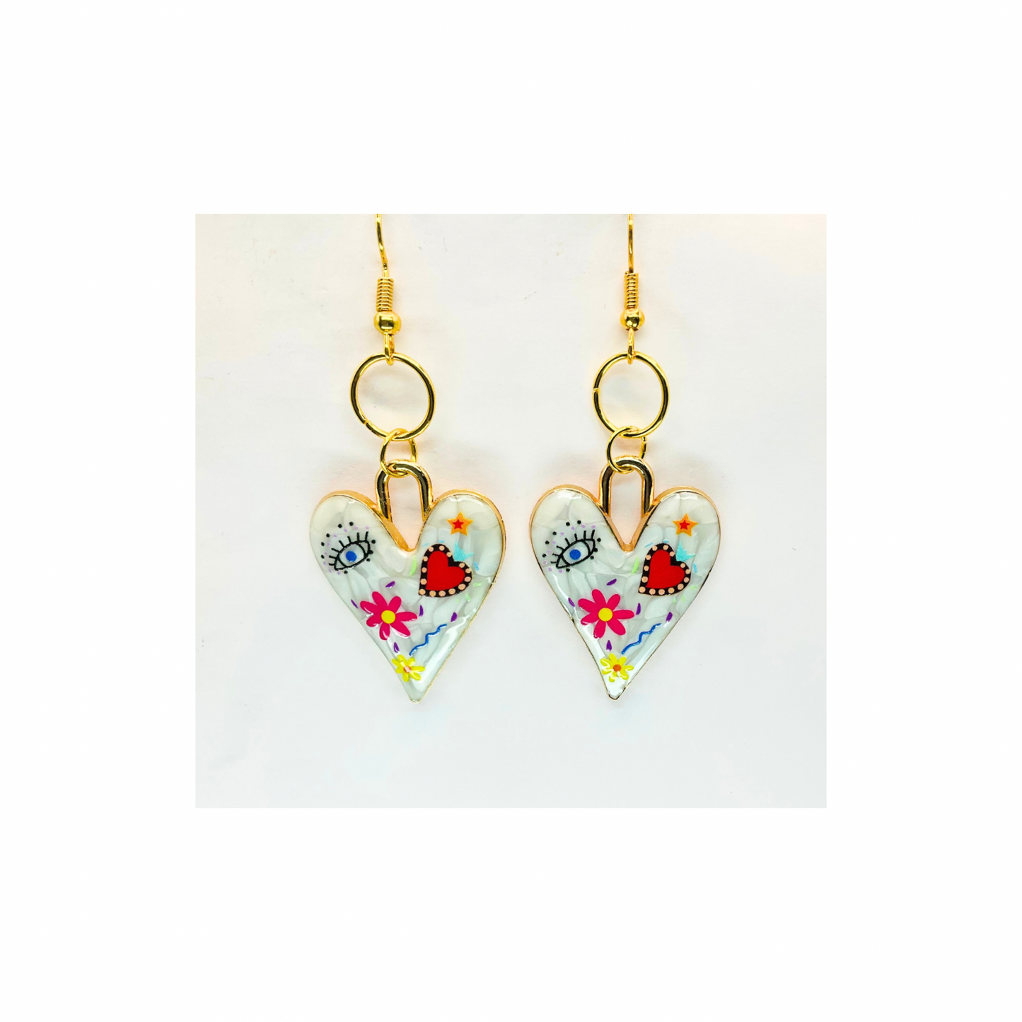 White Metal Dangle with Gold Trim Earrings