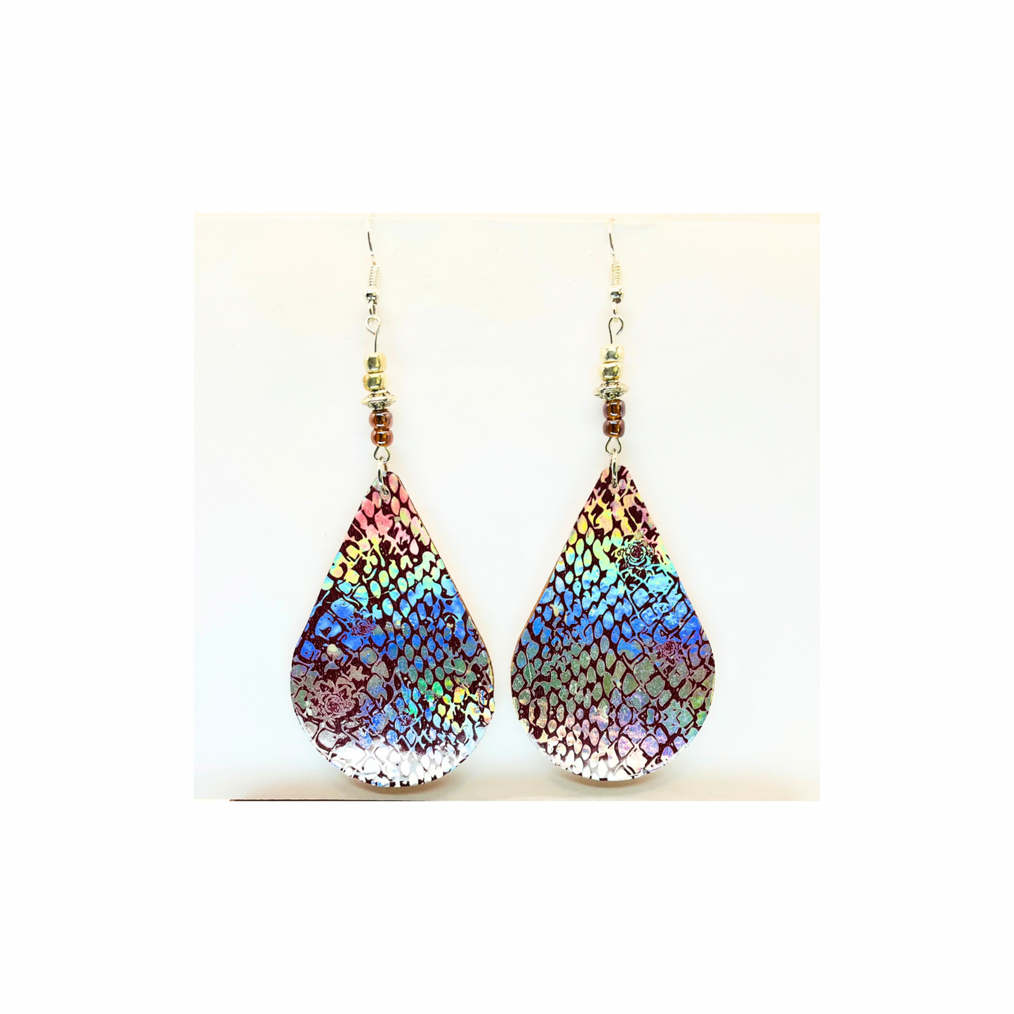 Silver and Brown Snake Skin Lightweight Wood Dangle Earrings