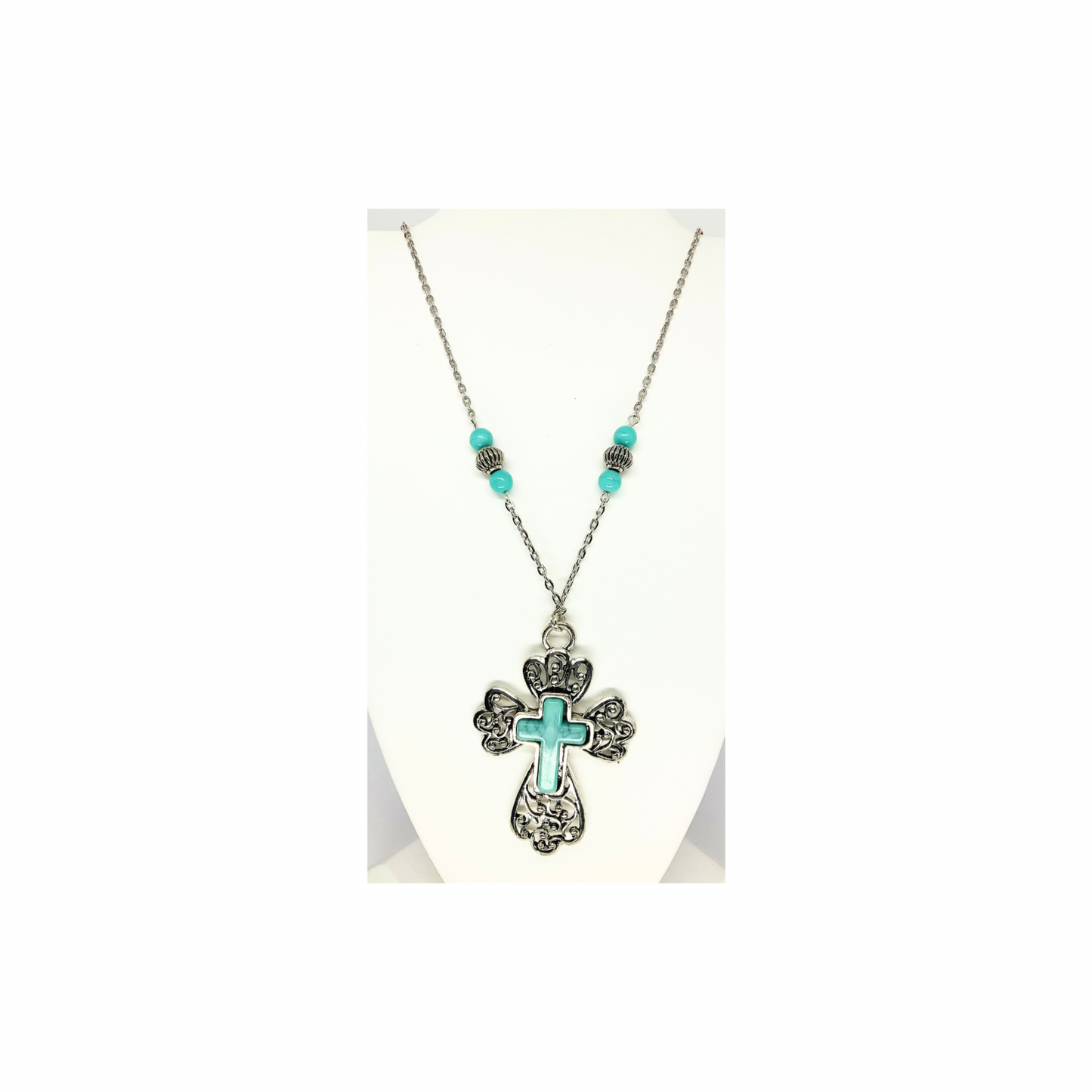 Long Turquoise and Silver Cross Necklace|Drop Length 18-inch|Crafting By BB