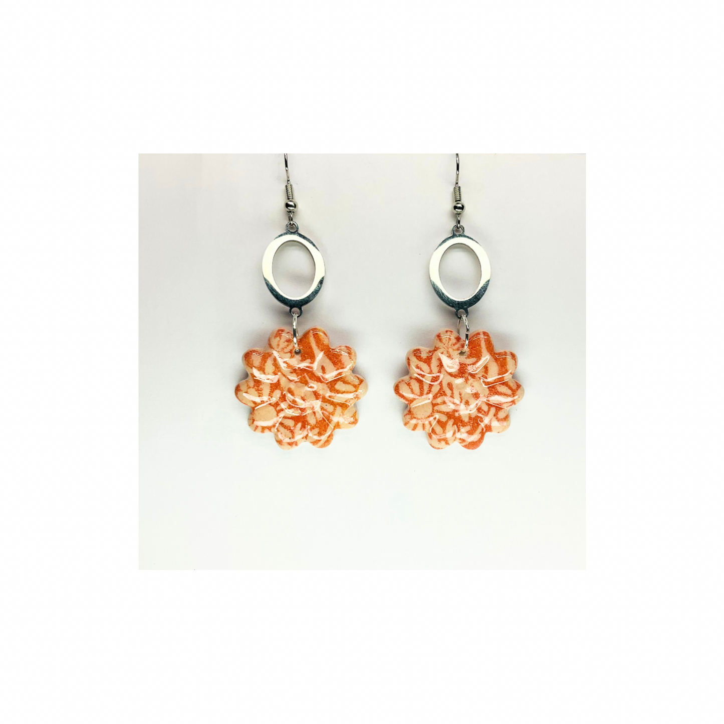 Beach Bloom Collection Salmon Flowered with Silver Embellishments Dangle Earrings for Women Elegant Salmon Floral Design & Silver Accents