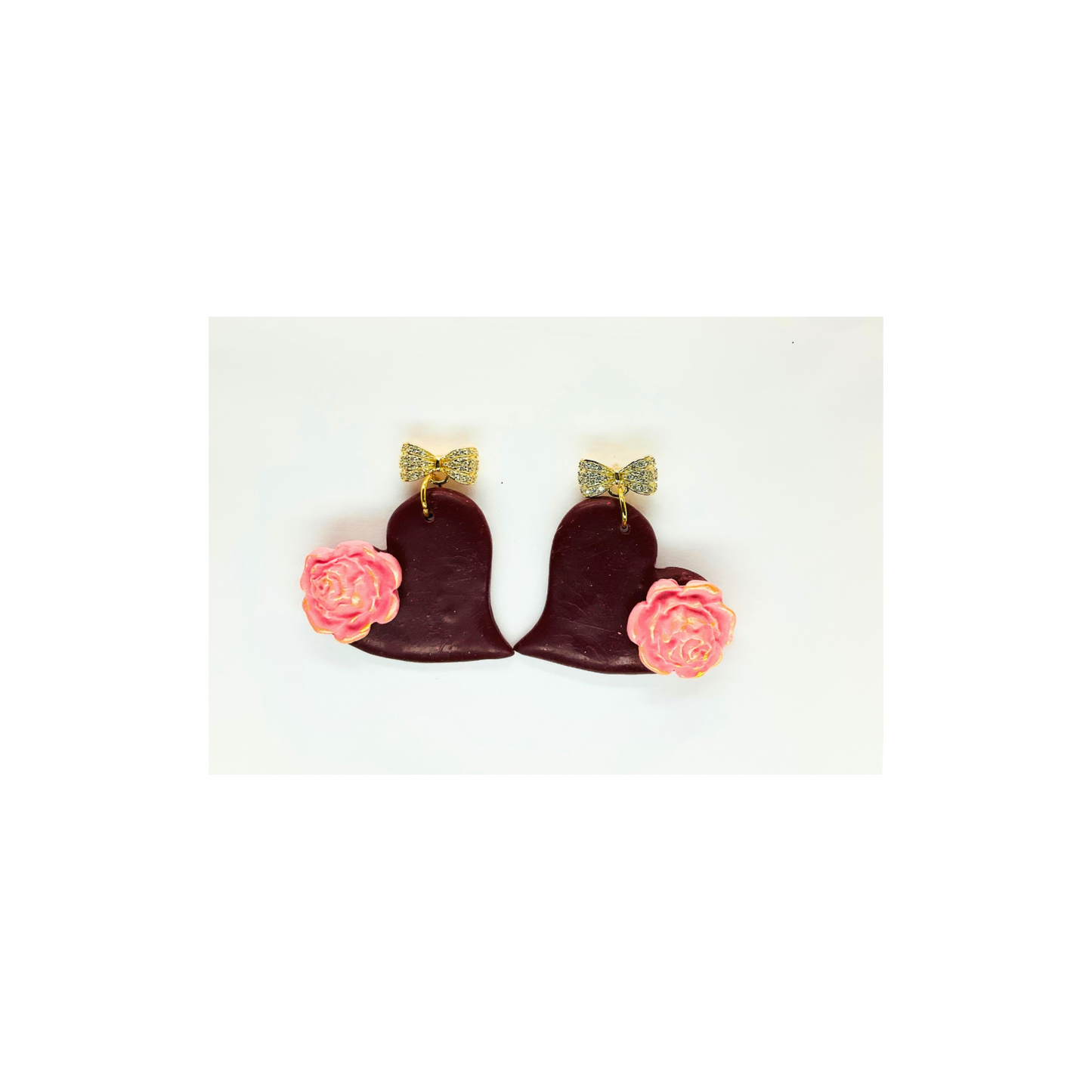Burgundy Heart Dangle with Pink Flower and Gold Rhinestone Stud-Crafting By BB