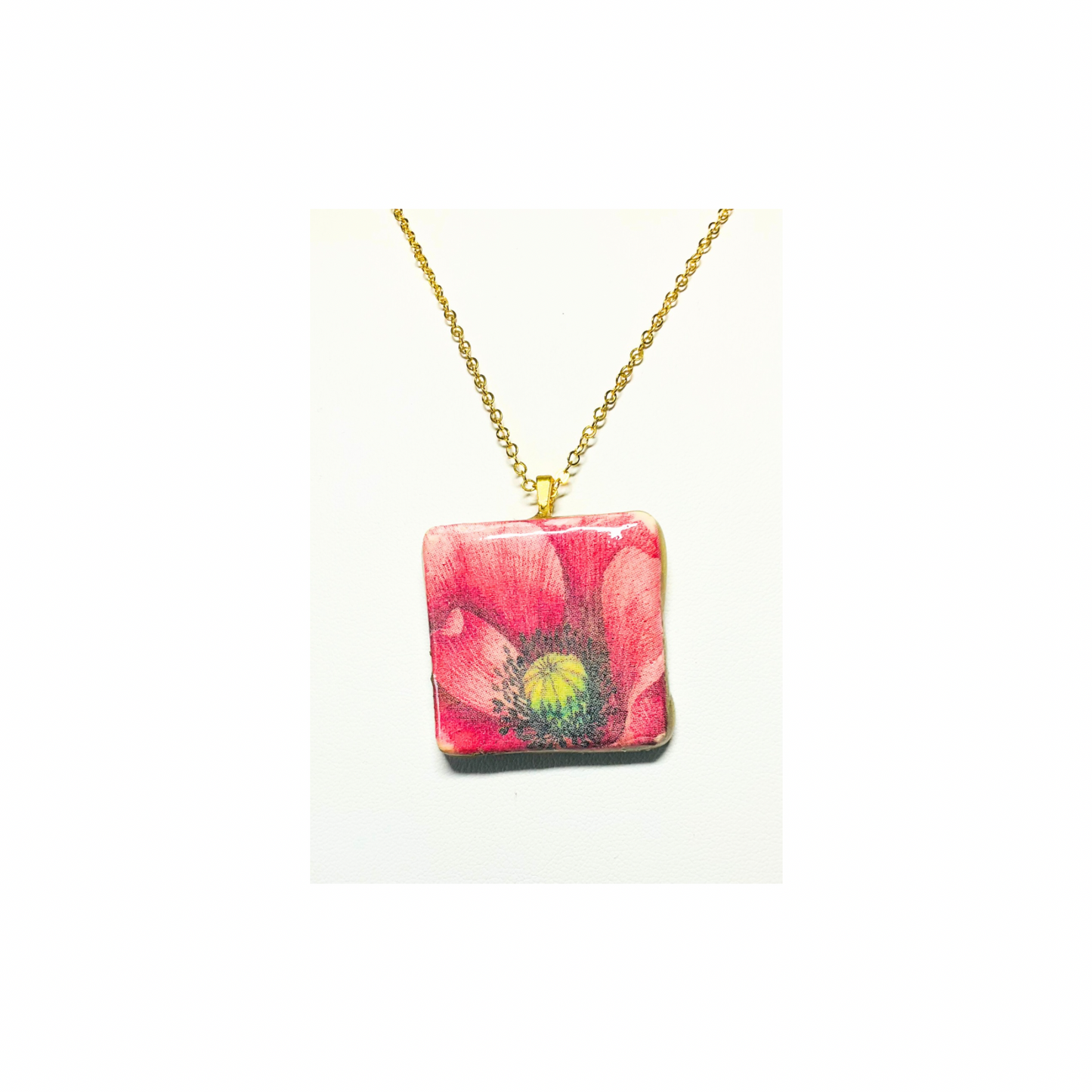 Pink Flower Clay Square Pendant Necklace - Trendy Cute Style Pink Handcrafted Lightweight for Everyday Wear