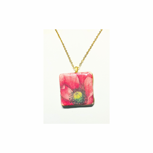 Pink Flower Clay Square Pendant Necklace - Trendy Cute Style Pink Handcrafted Lightweight for Everyday Wear