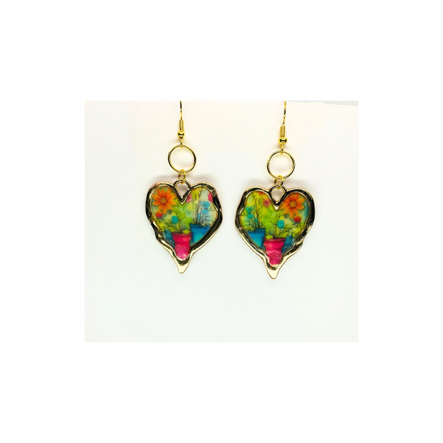 French Garden Collection Gold Heart Dangle Earrings with Vibrant Multicolor Design and Gold Tone Hooks