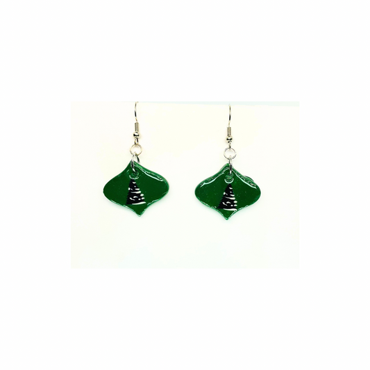 Christmas in July Collection Green Ornament with Tree Dangle Earrings