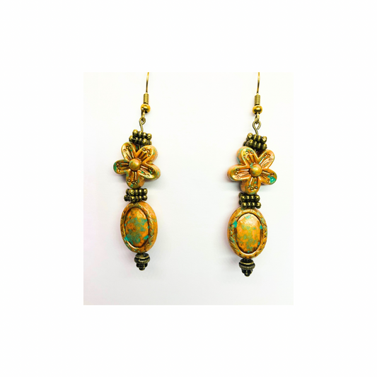 Gold Patina Czech Acrylic Blossom Beaded Earrings