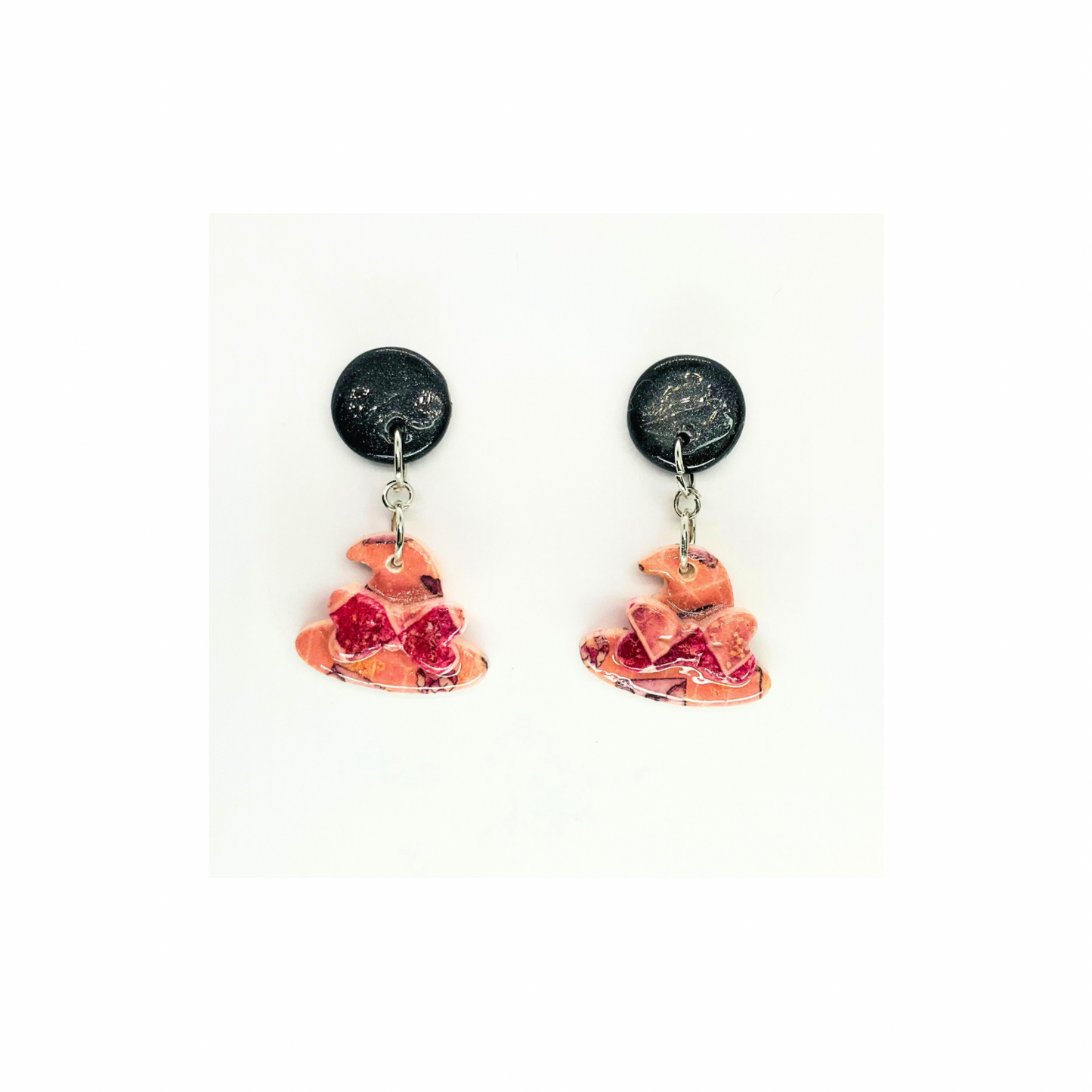 Wizard Collection Pink and Black Witch Hat Dangle Earrings with Unique Design Elements