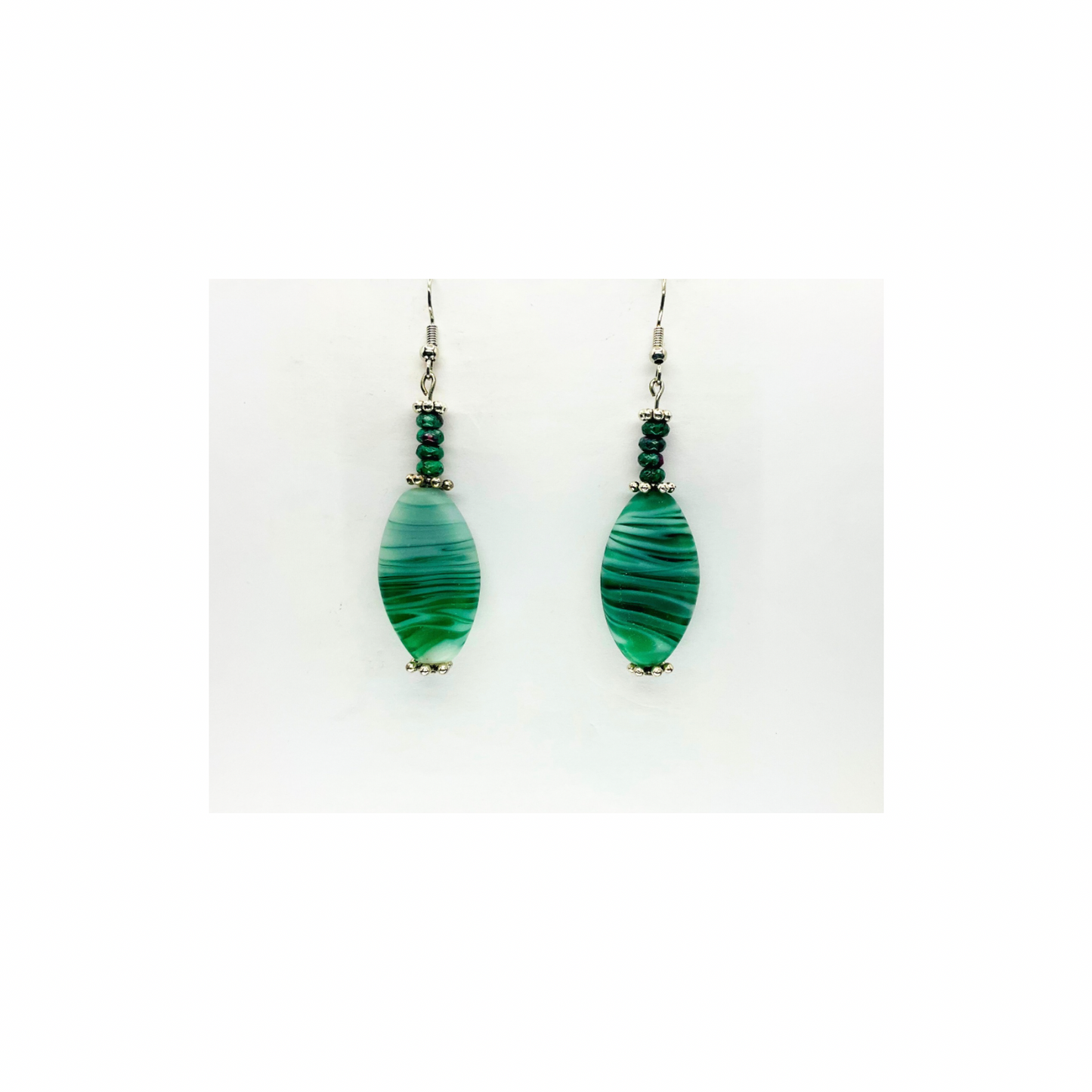 Green Glass Barrel Bead Dangles with Silver Details