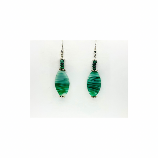 Green Glass Barrel Bead Dangles with Silver Details