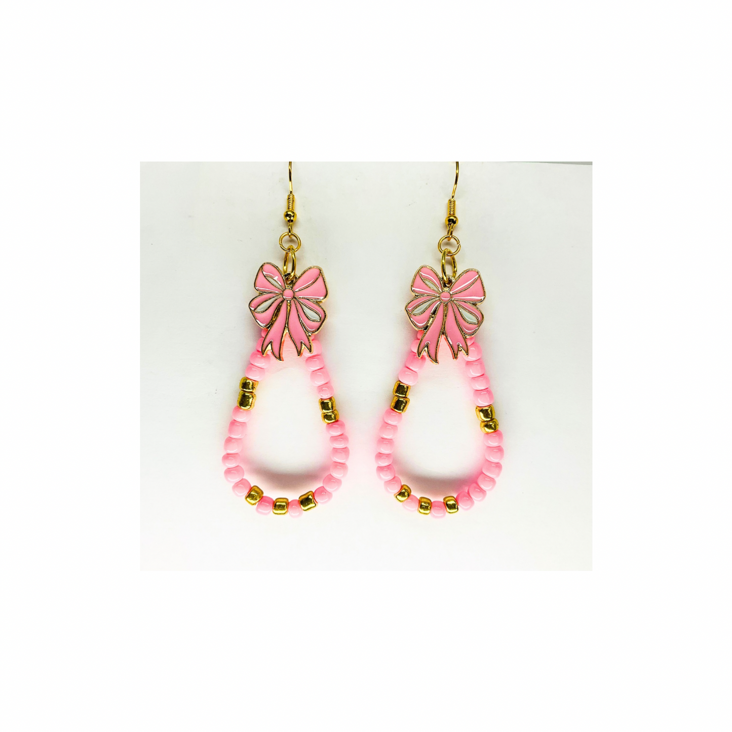 Pink and Gold Teardrop Beaded Dangle with Pink Bow Charm Earrings