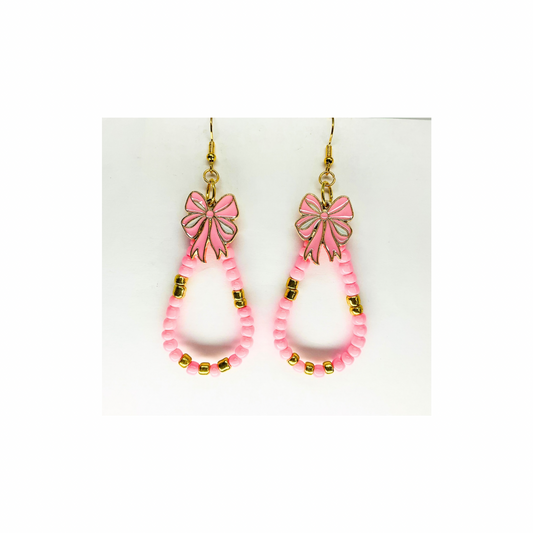 Pink and Gold Teardrop Beaded Dangle with Pink Bow Charm Earrings