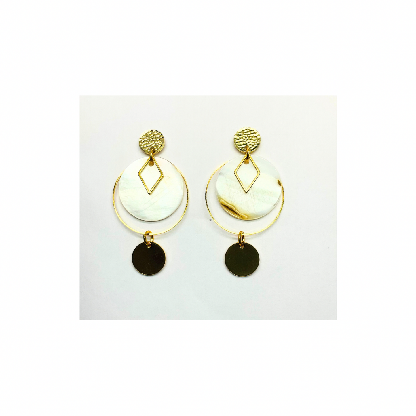 Spot Cream and Gold Collection Dangle Earrings for Female with Geometric Design and Circular Elements
