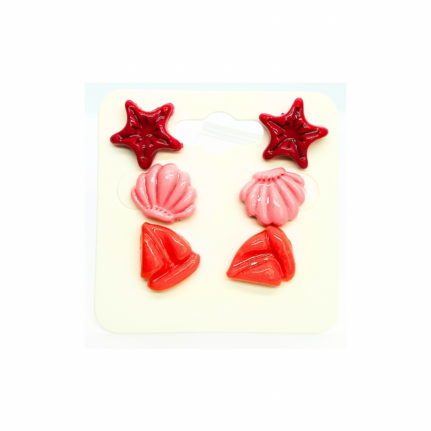 Mermaid Collection Pink Starfish, Light Pink Shell, Orange Sailboat Stud Earrings