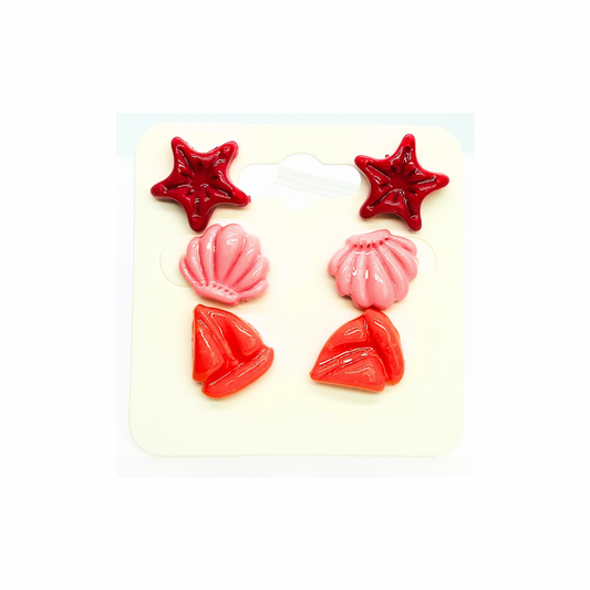 Mermaid Collection Pink Starfish, Light Pink Shell, Orange Sailboat Stud Earrings