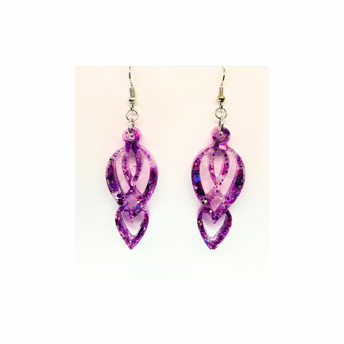 Purple Glitter Filigree Heart Inside Heart Drop Earrings with Silver Wire Carrier Sparkling Holographic Design