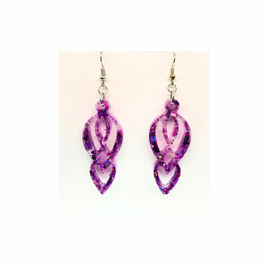 Purple Glitter Filigree Heart Inside Heart Drop Earrings with Silver Wire Carrier Sparkling Holographic Design