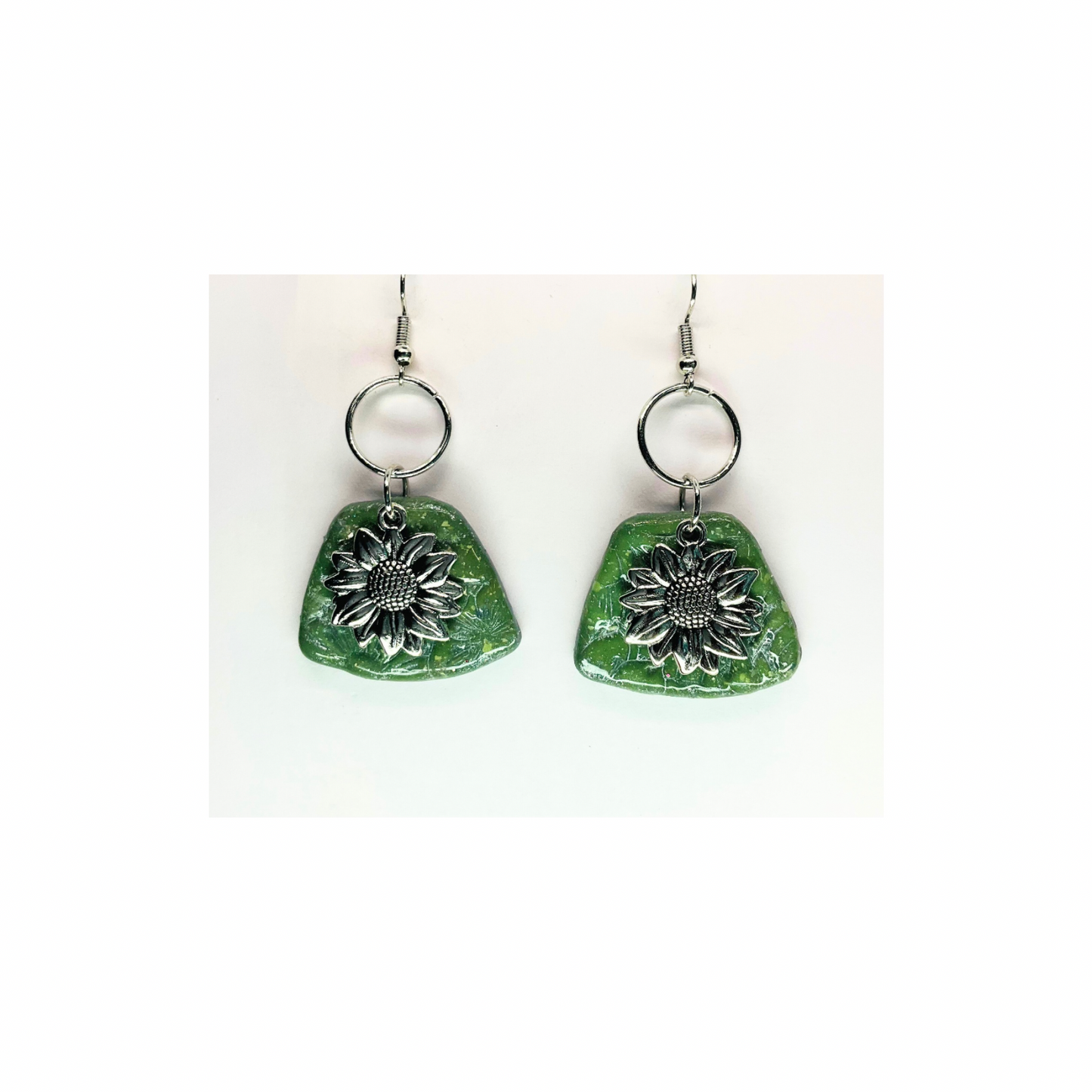Jade Green and Silver with Sunflower Charm Dangle Earrings - Unique Design Jewelry Accessory