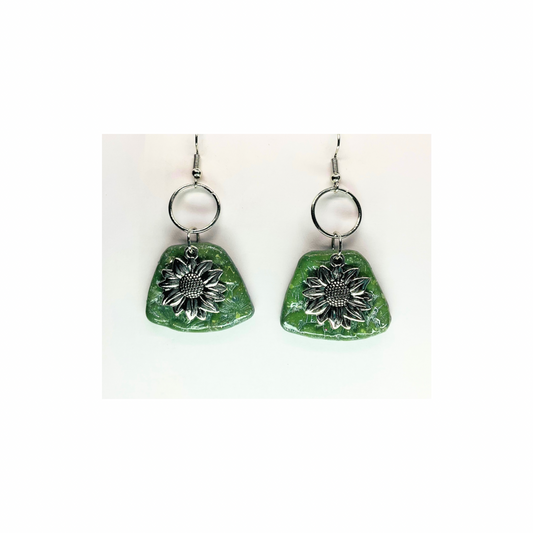 Jade Green and Silver with Sunflower Charm Dangle Earrings - Unique Design Jewelry Accessory