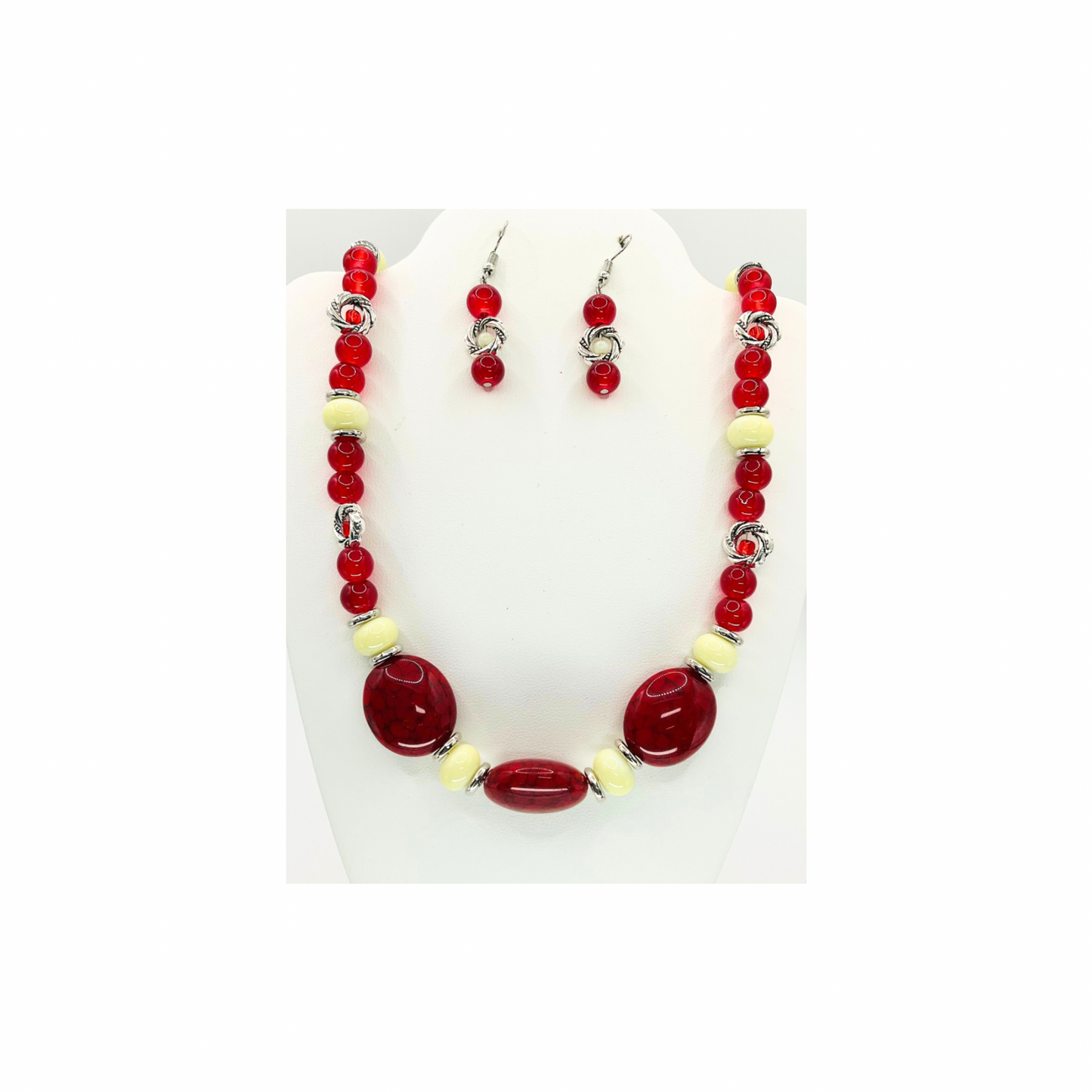 Crimson Red and Cream Beaded Necklace with Dangle Earring Set for Women's Fashion Jewelry