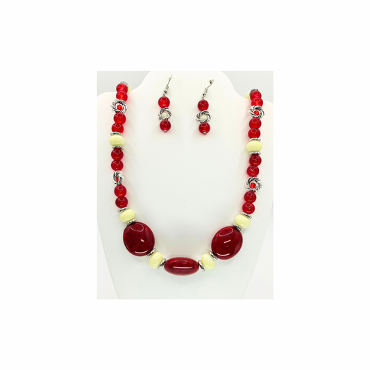 Crimson Red and Cream Beaded Necklace with Dangle Earring Set for Women's Fashion Jewelry