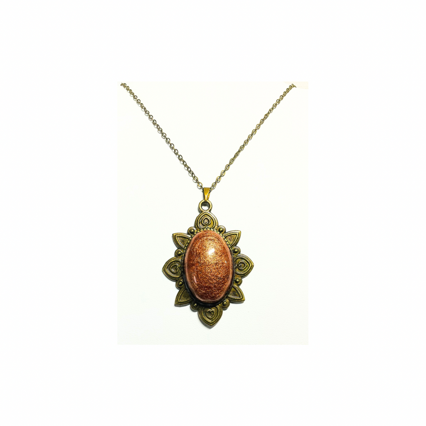 Bronze Oval Antique Style 18-inch Necklace with Oval Pendant and Detailed Floral Design Metal Coating Vintage Aesthetics