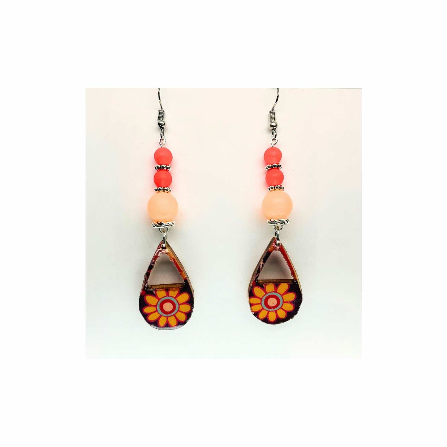Bohemian Style Dangle Earring Handmade Wood Teardrop Decoupage Retro Paper Beads Orange & Silver Ear Wire Unique Artisan Jewelry