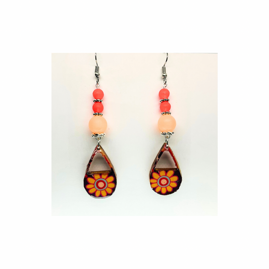Bohemian Style Dangle Earring Handmade Wood Teardrop Decoupage Retro Paper Beads Orange & Silver Ear Wire Unique Artisan Jewelry