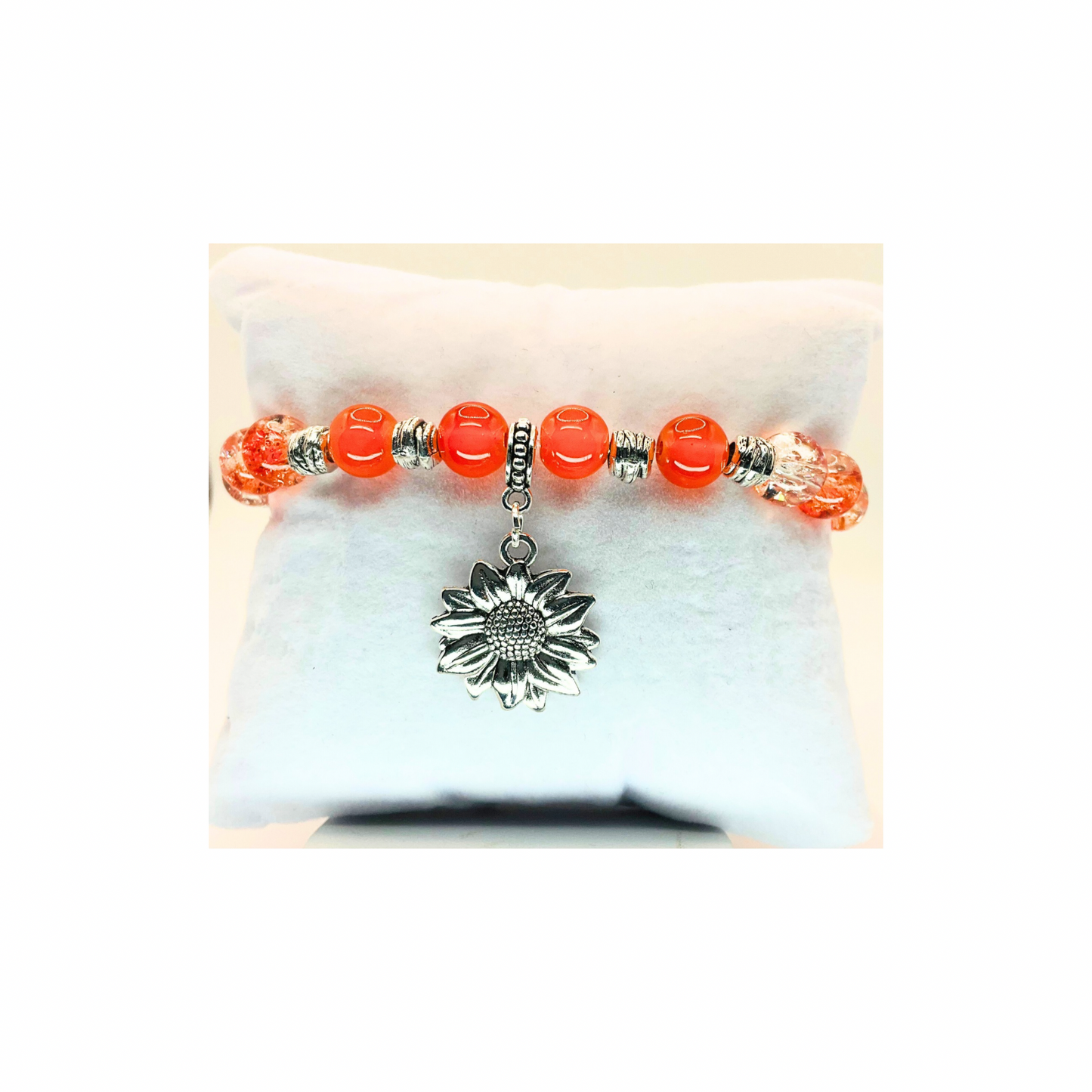 Tangerine and Silver Stretch Bracelet with Silver Sunflower Charm-Crafting By BB
