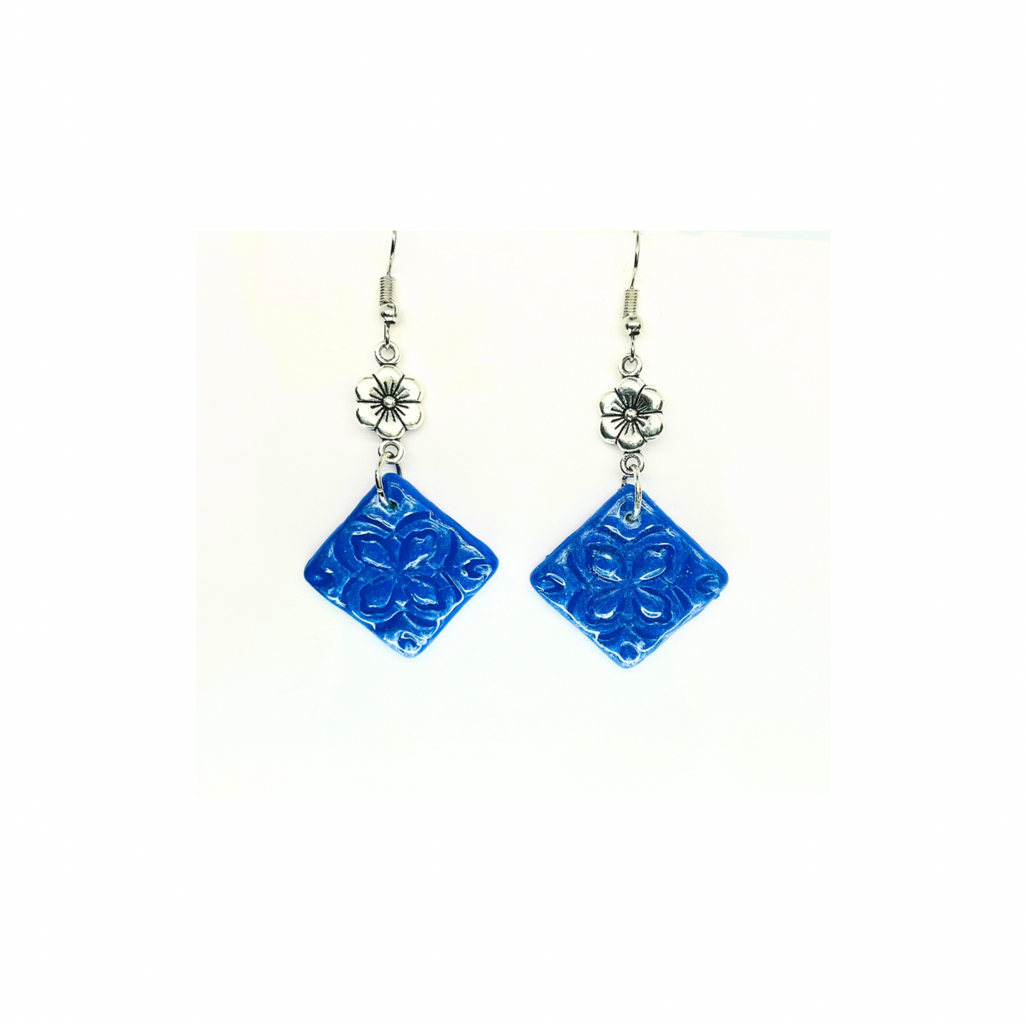Blue Tile 132 with Silver Flower Charm Dangle Earrings - Square Design & Colorful Appeal
