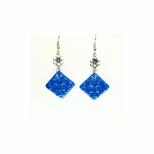 Blue Tile 132 with Silver Flower Charm Dangle Earrings - Square Design & Colorful Appeal