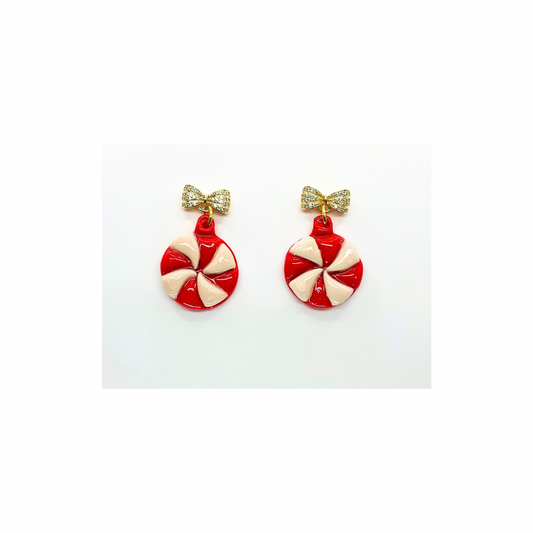 Starlight Peppermint with Gold Rhinestone Bow Stud Dangle Earrings Red & White Candy Design