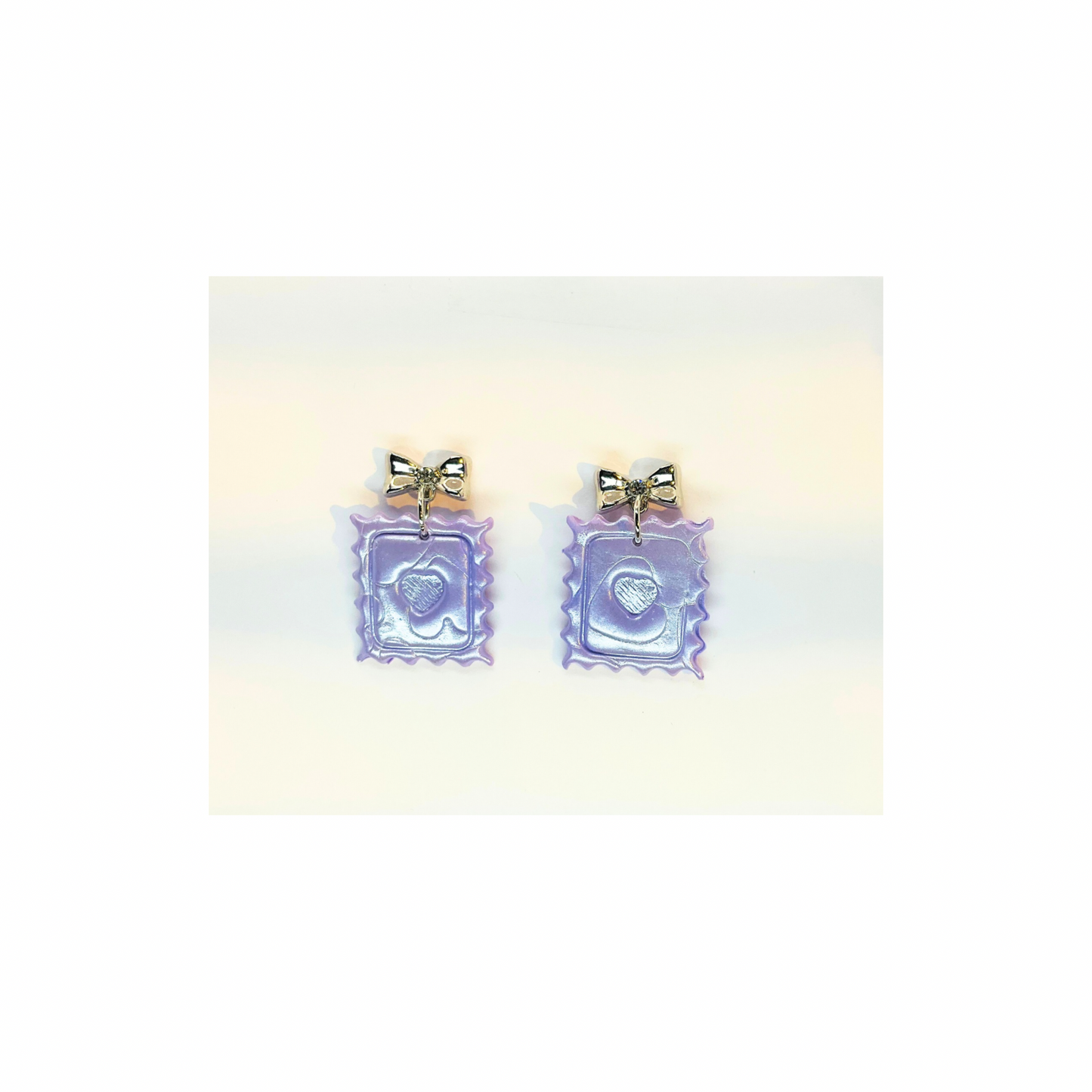 Lilac Iridescent Heart Stamp Dangle with Silver Bow Stud-Crafting By BB