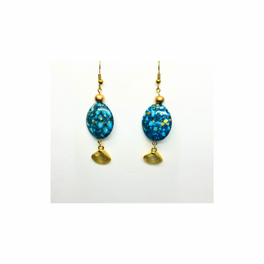 Ocean Collection Blue and Gold with Shell Charm Dangle Earring - Sparkling Blue Design & Gold Accents
