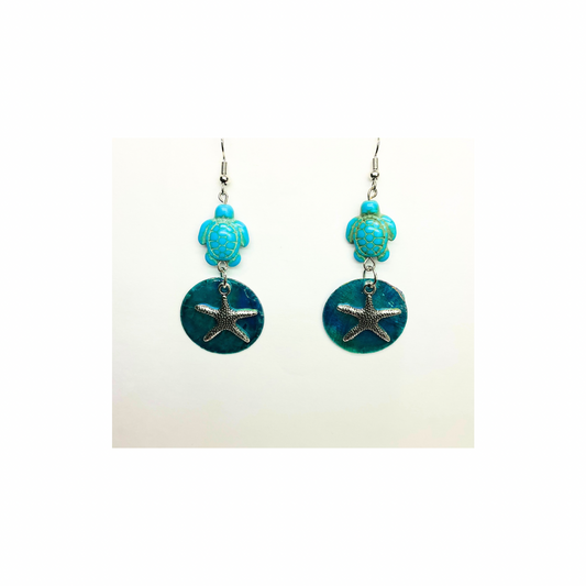Ocean Collection Blue Flat Shell with Star Fish and Turtle Dangle Earring - Unique Sea Life Design