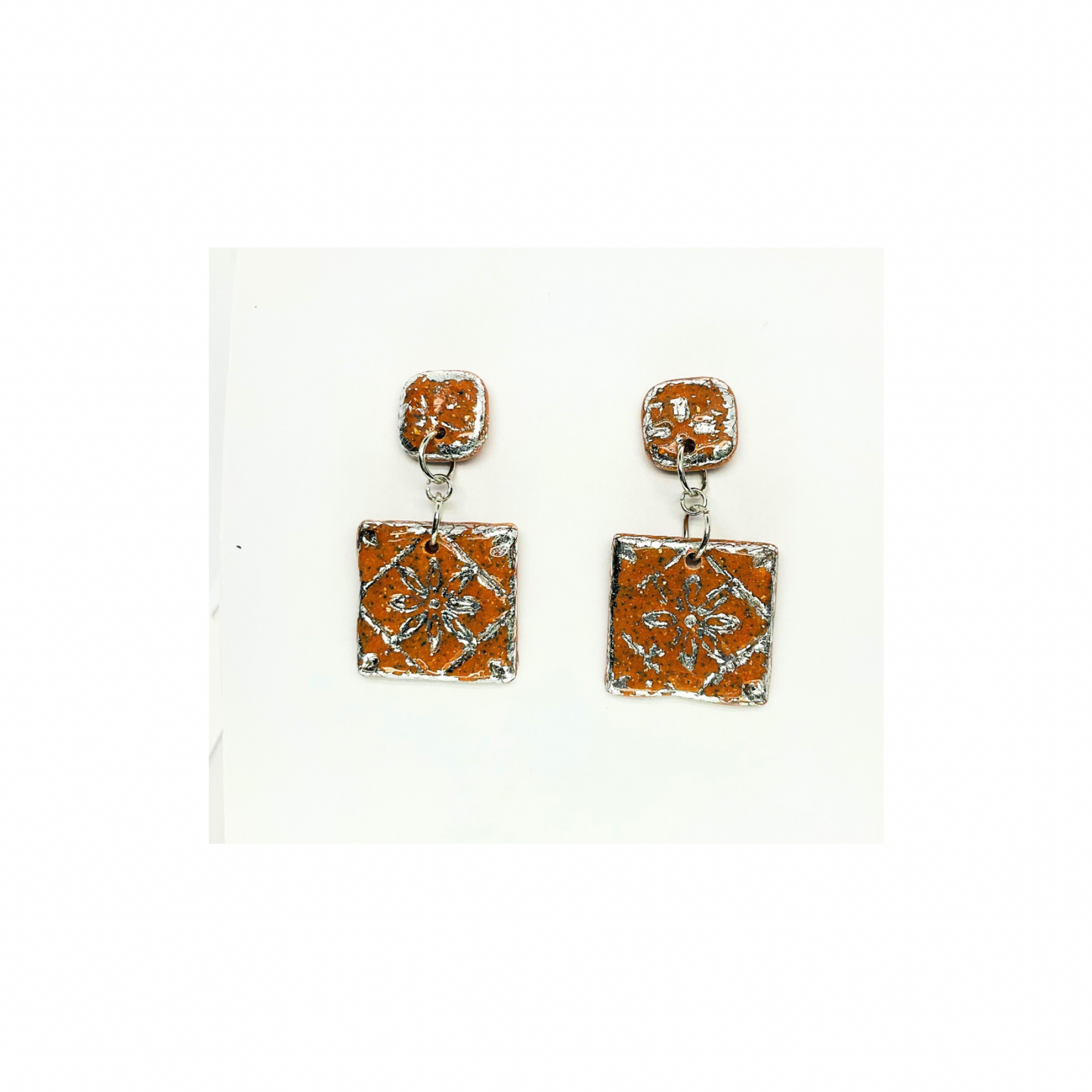 Terracotta Tile Stud with Silver Accents Dangle Earrings -  Square Design with Intricate Patterns