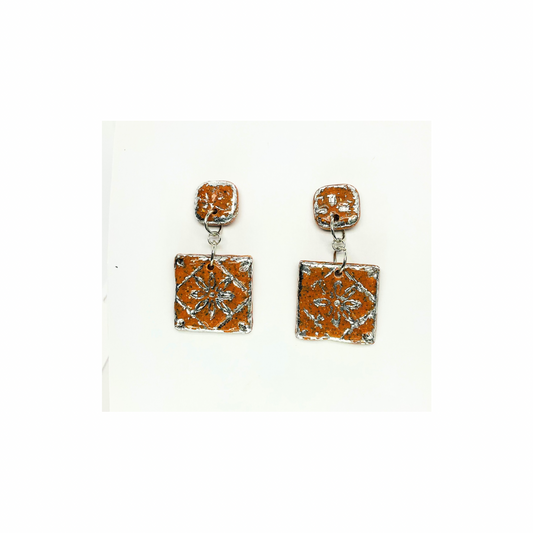 Terracotta Tile Stud with Silver Accents Dangle Earrings -  Square Design with Intricate Patterns