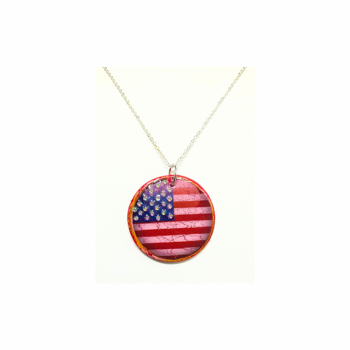 Patriotic Red White and Blue Round Pendant Necklace with Rhinestone Stars Handmade Polymer Clay UV Resin 18 Inch Silver Chain