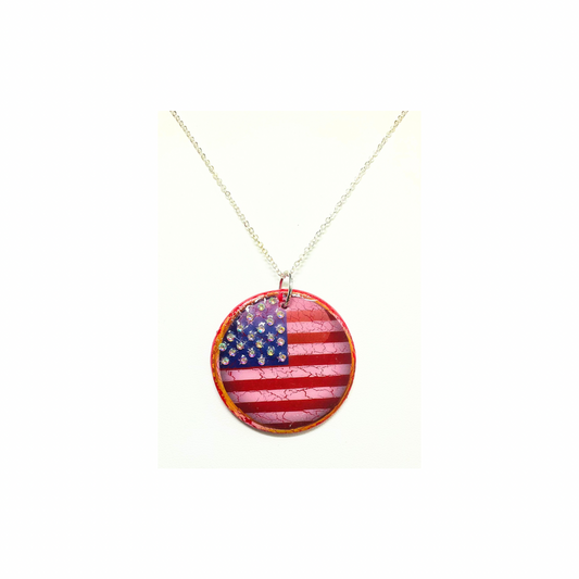 Patriotic Red White and Blue Round Pendant Necklace with Rhinestone Stars Handmade Polymer Clay UV Resin 18 Inch Silver Chain
