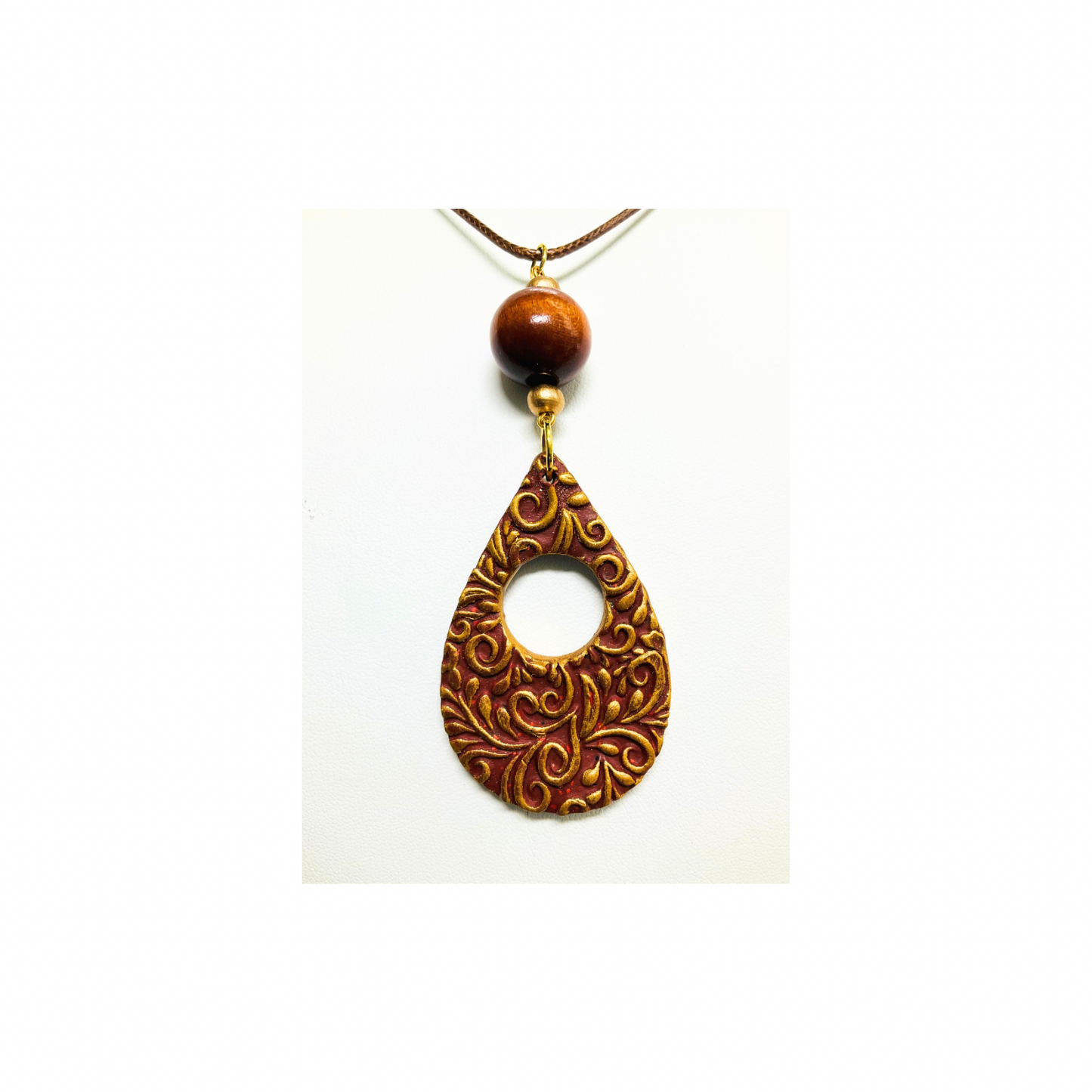 Sienna and Gold Teardrop Pendant with Beads on 18-inch PU Leather Necklace - Elegant Design Jewelry