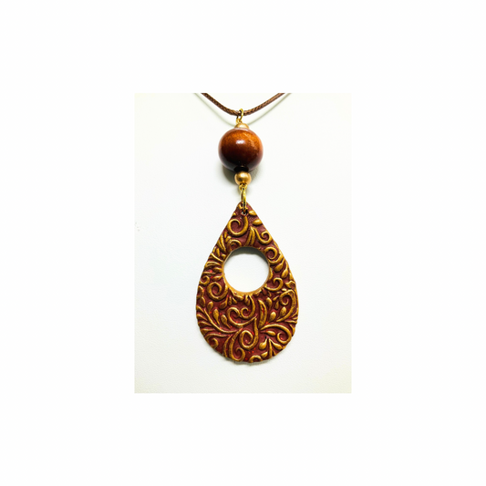 Sienna and Gold Teardrop Pendant with Beads on 18-inch PU Leather Necklace - Elegant Design Jewelry