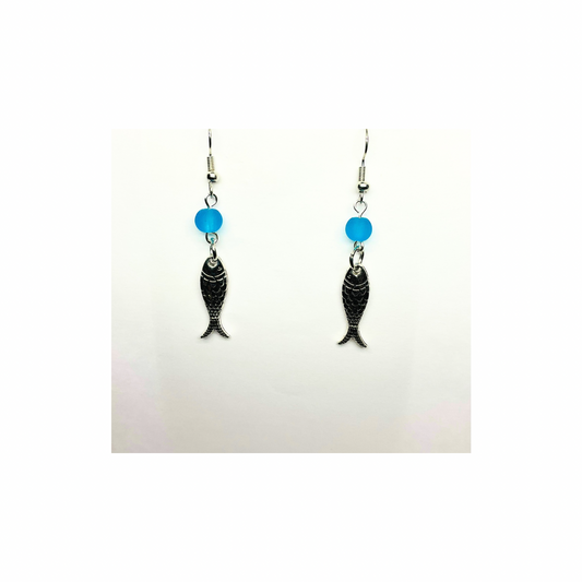 Ocean Collection Silver Fish with Blue Bead Dangle Earring - Elegant Female Accessory for Casual & Formal Events