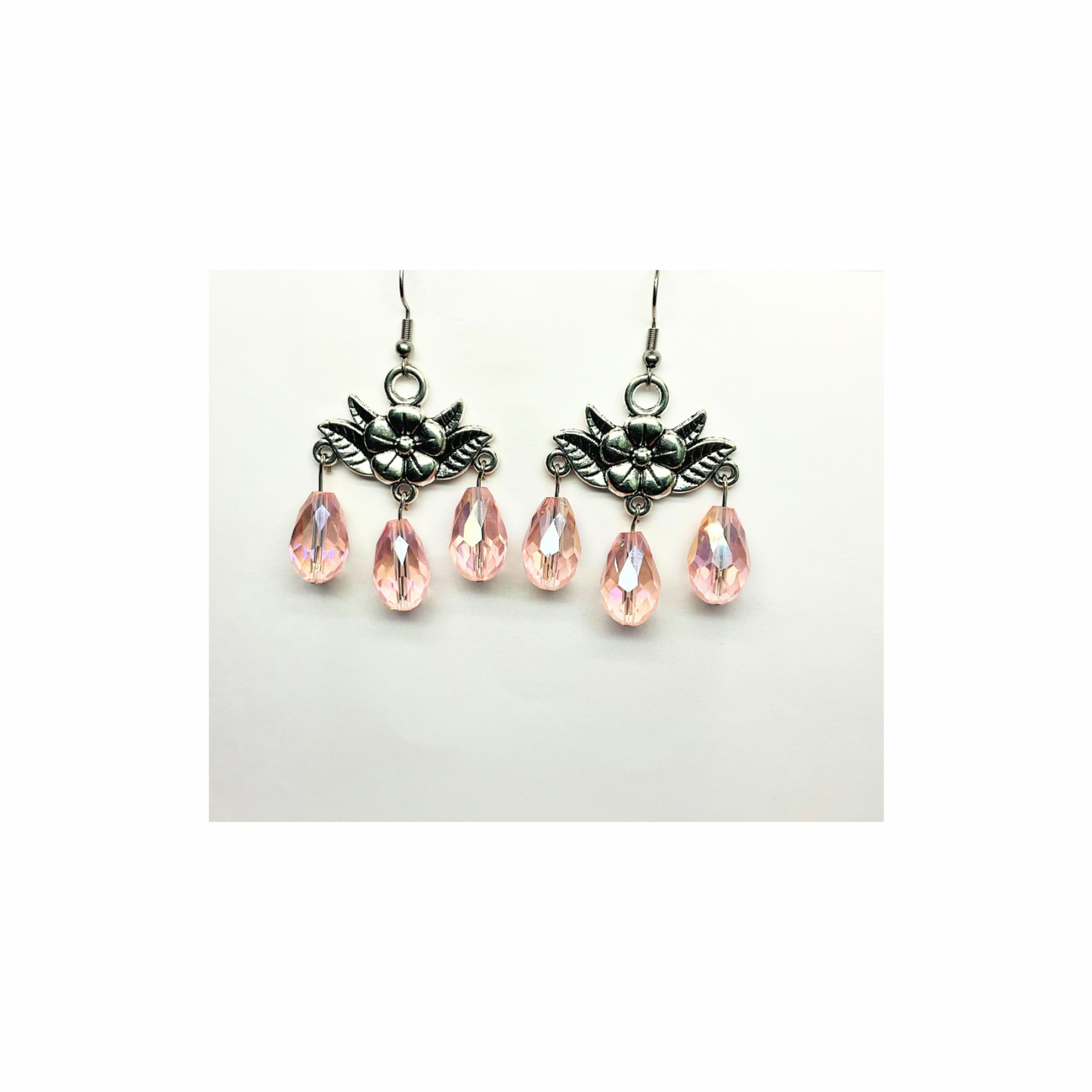 Crystal Chandelier Collection Large Bead Dangle Earrings with Pink Teardrop Design and Detailed Charms