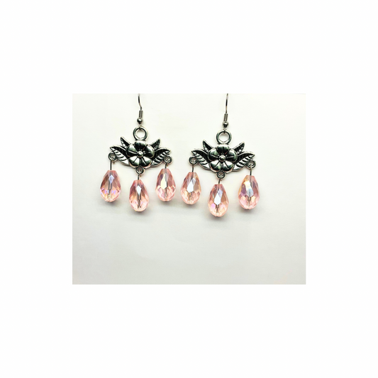 Crystal Chandelier Collection Large Bead Dangle Earrings with Pink Teardrop Design and Detailed Charms
